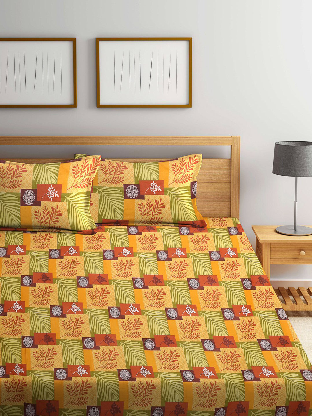 Yellow leaf cotton queen bedsheet, yellow & red